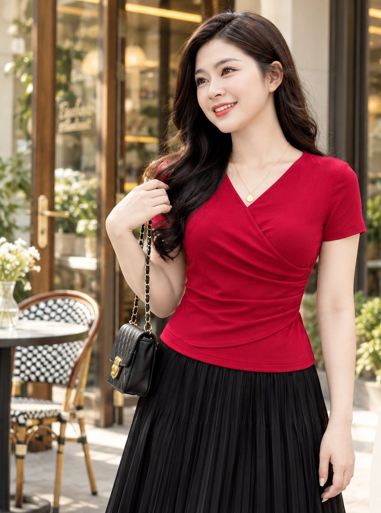 Áo thun cổ tim nhún eo màu Đỏ
