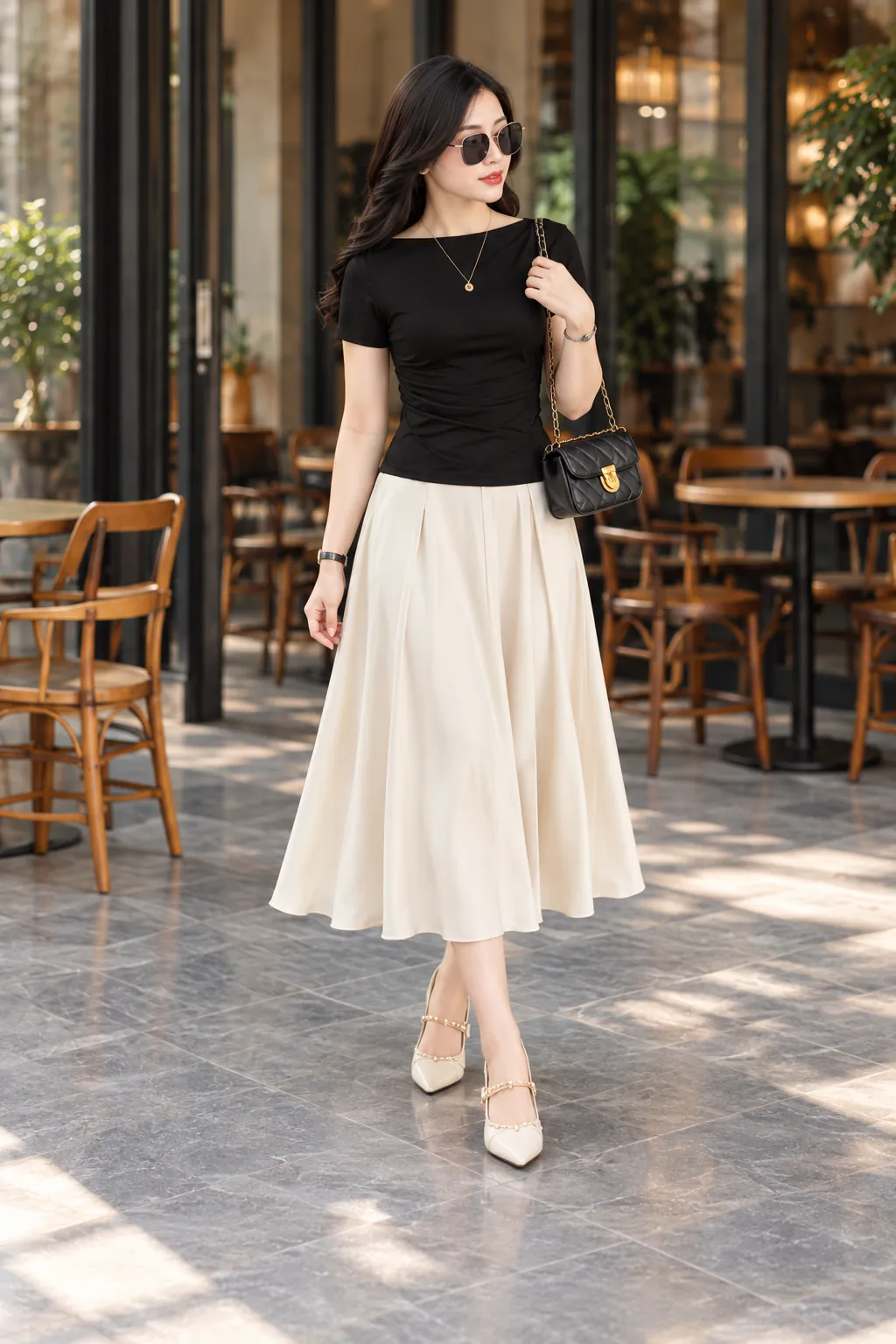 Áo đen phối chân váy kem dài, giày cao gót