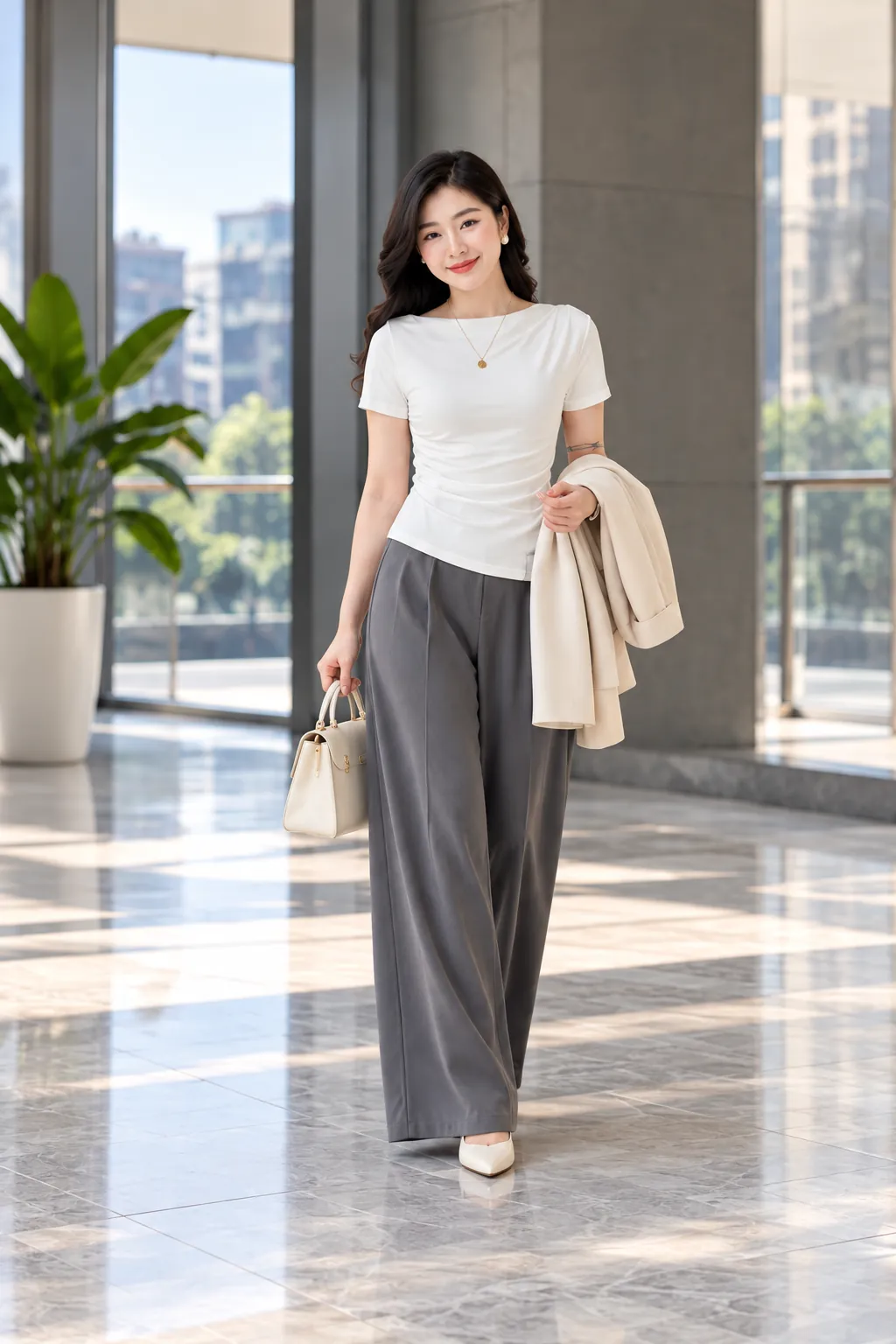 Áo trắng phối quần âu xám ống rộng, tay cầm blazer