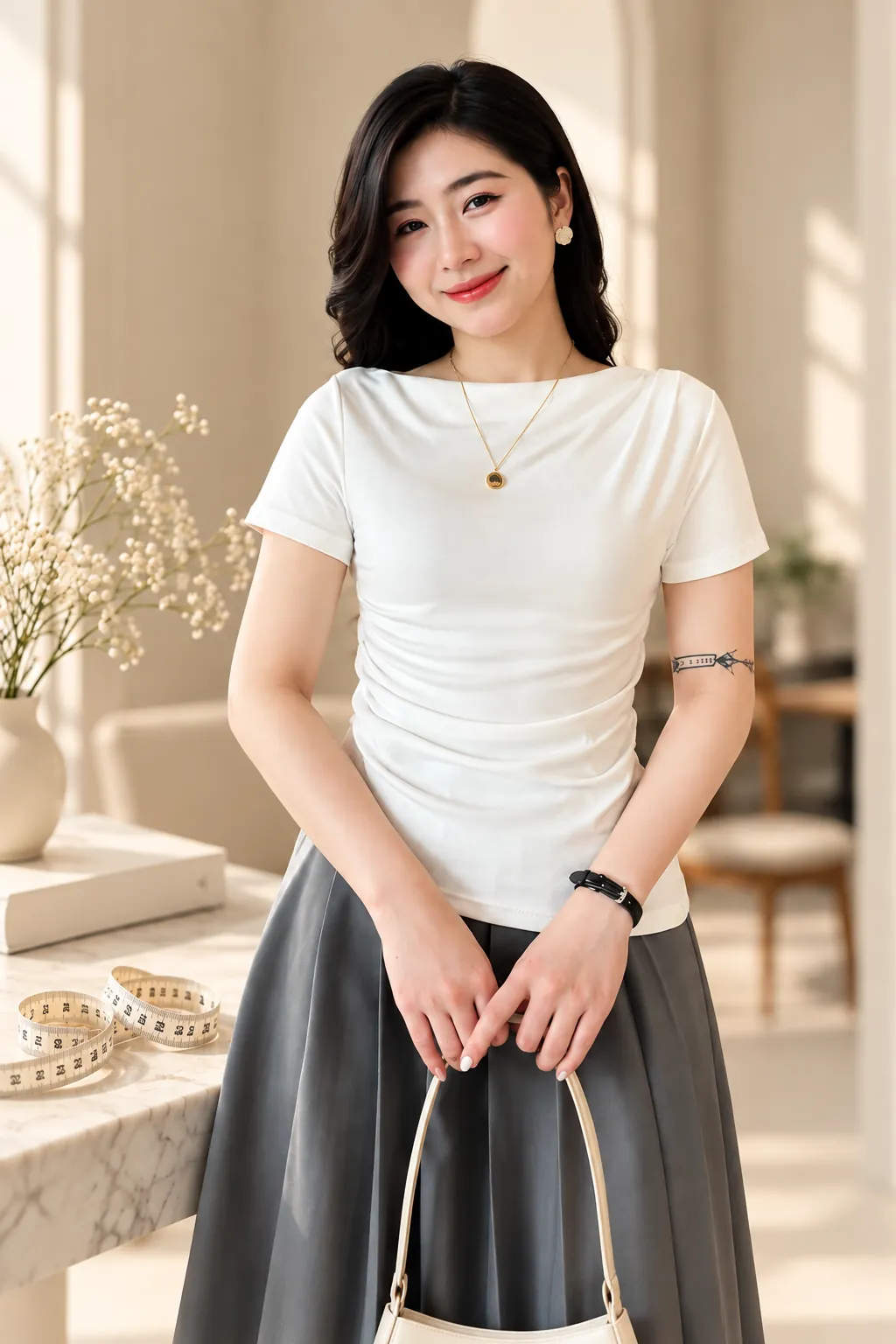 Người mẫu mặc áo thun lệch vai màu trắng phối chân váy xám